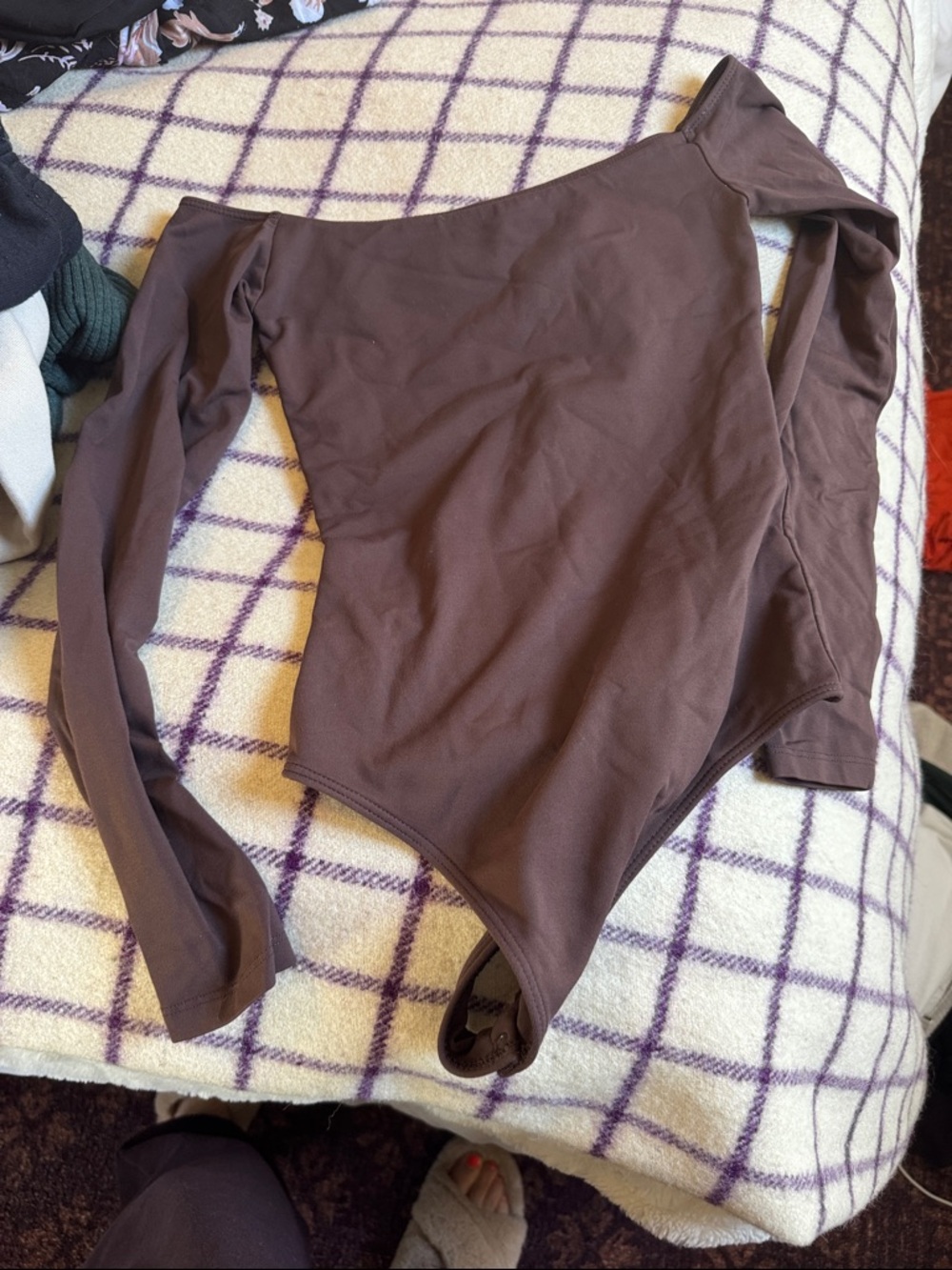 Babaton Off-Shoulder Long Sleeve Bodysuit in Brown
